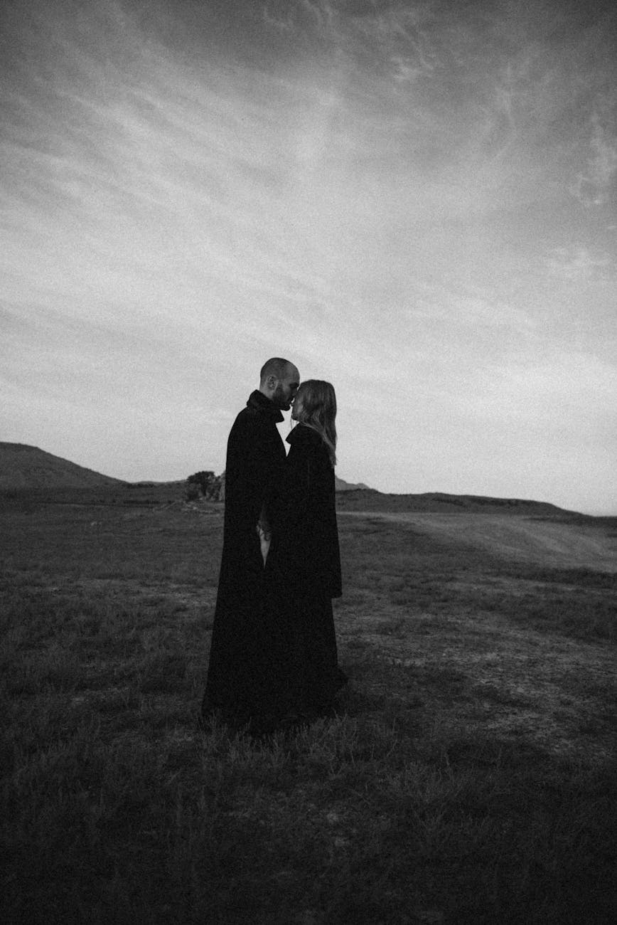 black and white portrait of couple standing together